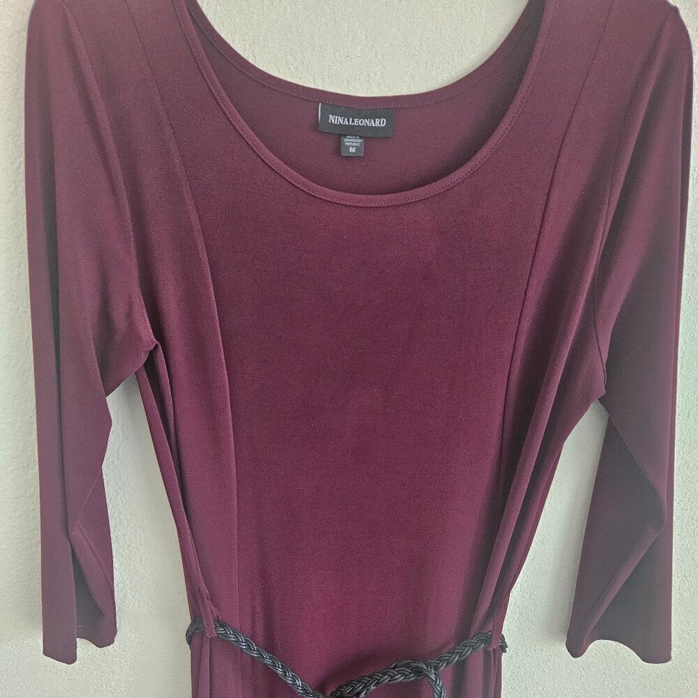 Nina Leonard dark red Burgundy Holiday dress 3/4 sleeve black belt M - Picture 3 of 5